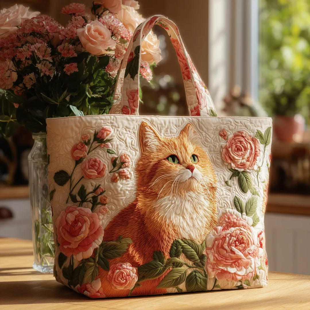 Handgefertigte Tasche - Ingwerkatze mit Rosen