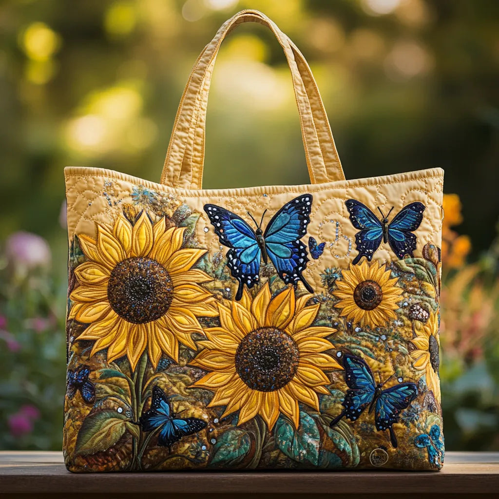 Handgemachte Tasche | Sonnenblumen und blaue Schmetterlinge