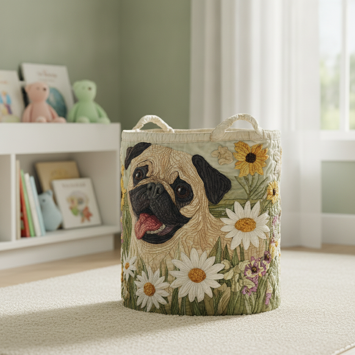Mops in Margeriten Wäschekorb