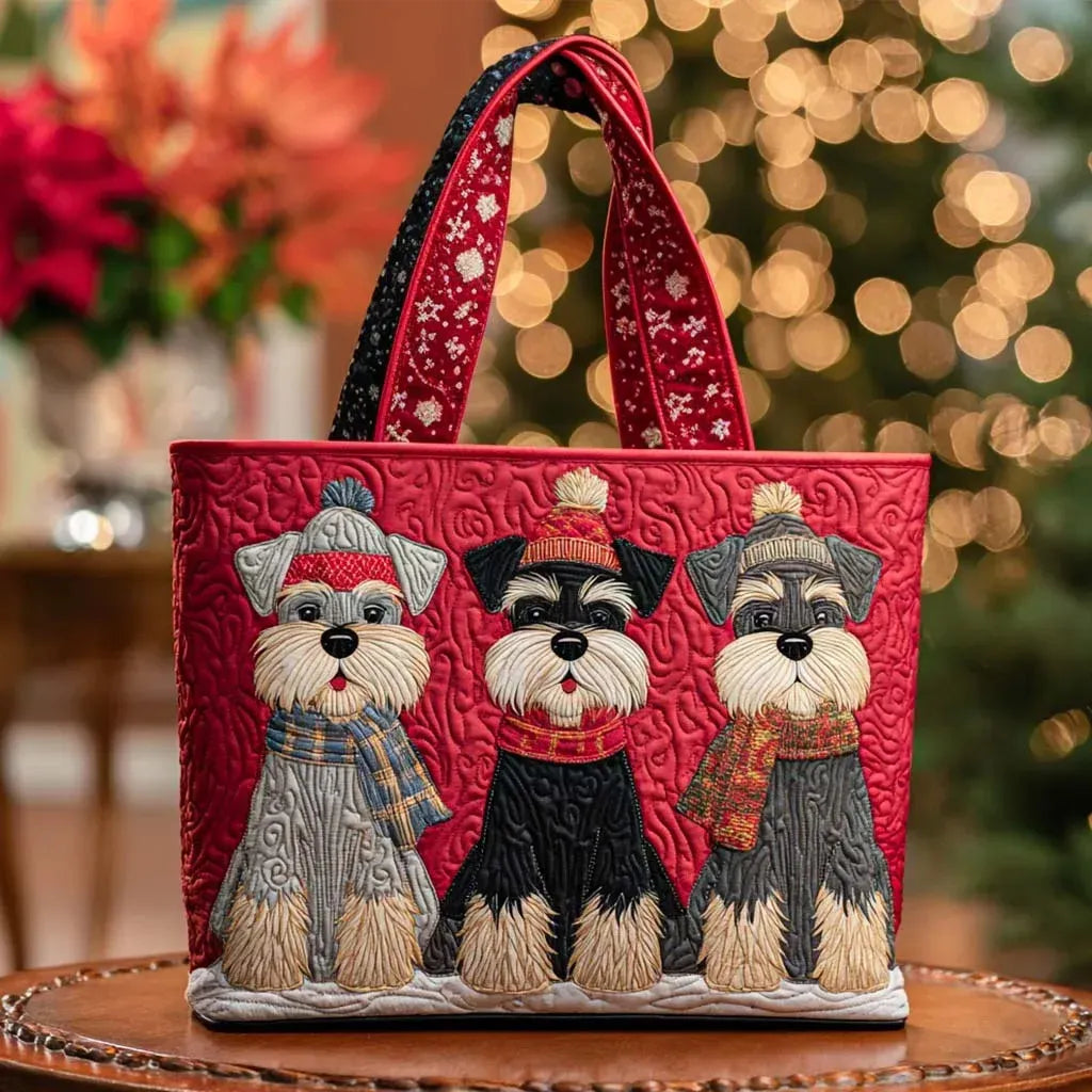 Bestickte Vintage-Tasche „Schnauzer mit Hüten“ — Weihnachten