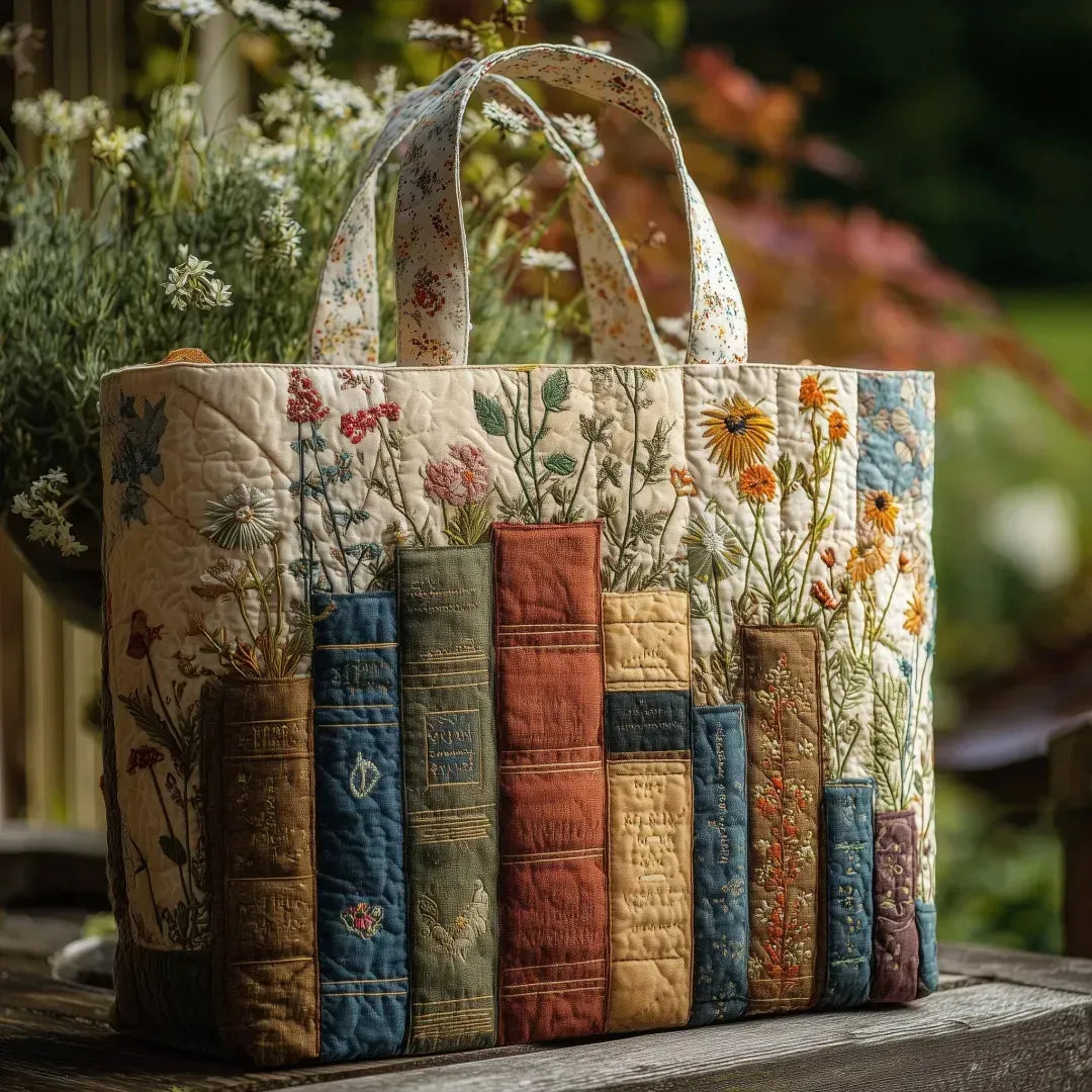 Handgefertigte Steppentasche - Bücher und Blumen