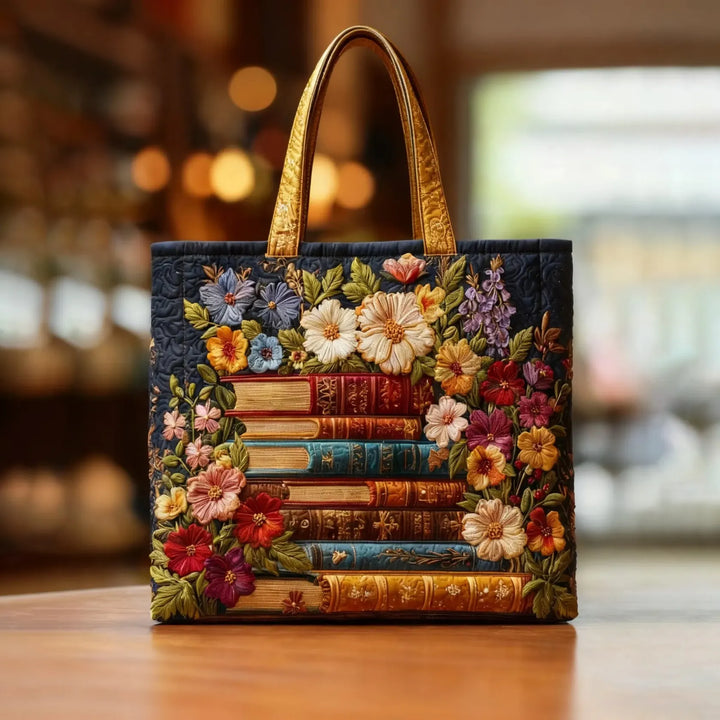 Handgefertigte Tasche - Blumenmuster und Bücher