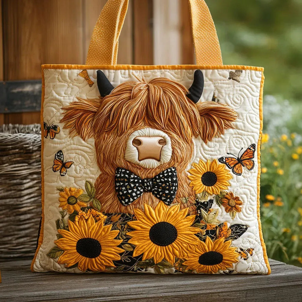 Gepolsterte Tasche - Highland Cow mit Sonnenblumen