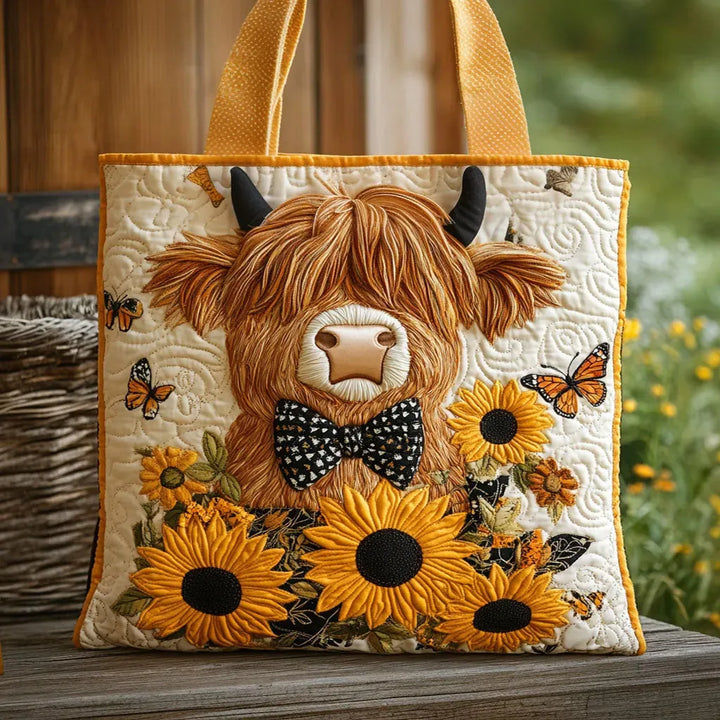 Gepolsterte Tasche - Highland Cow mit Sonnenblumen