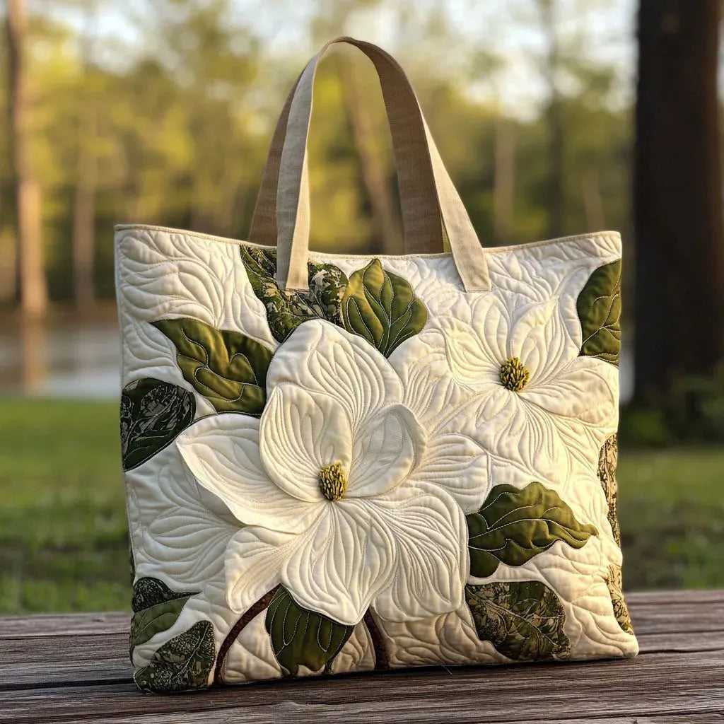Handgefertigte Stepp-Tasche - Elegante Weiße Lilien