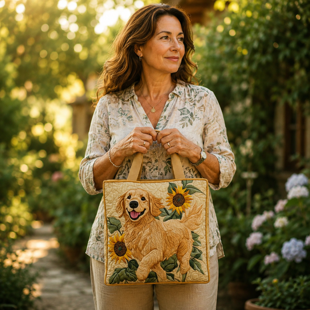 Vintage-Tasche „Golden Retriever und Sonnenblumen“ — Sommer