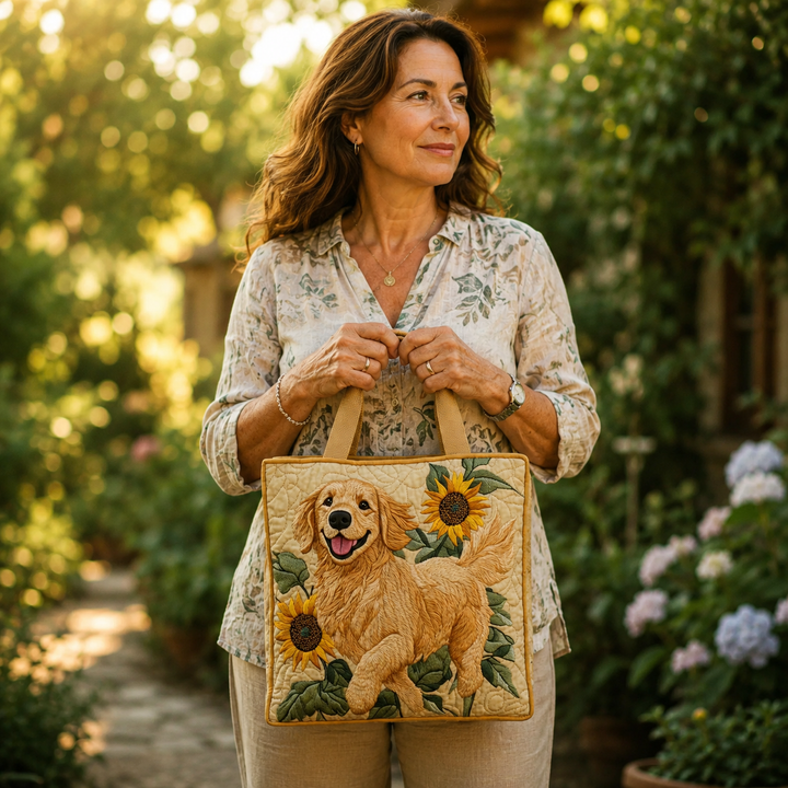 Vintage-Tasche „Golden Retriever und Sonnenblumen“ — Sommer