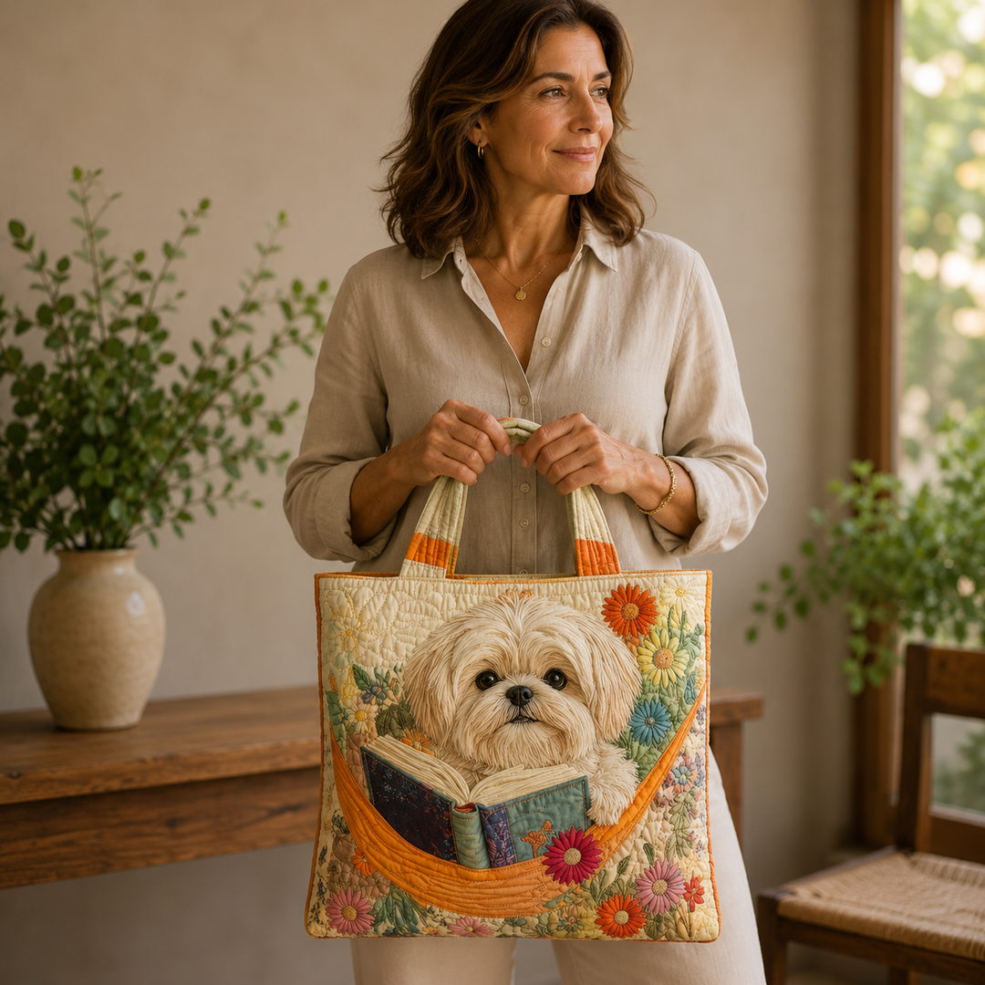 Handgemachte Tasche | Shih Tzu mit Büchern und Blumen