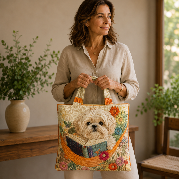 Handgemachte Tasche | Shih Tzu mit Büchern und Blumen
