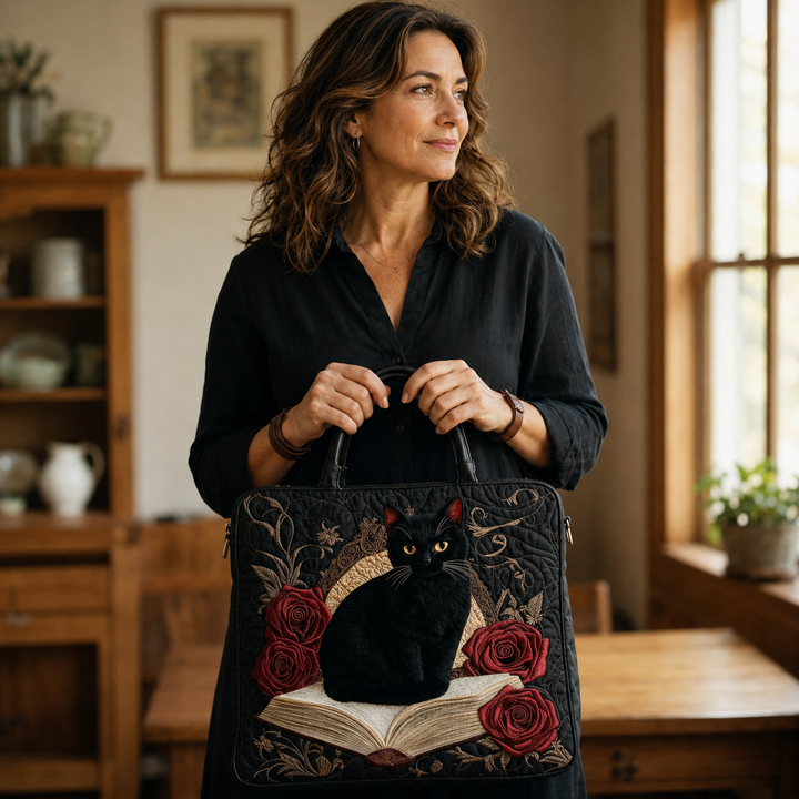 Vintage-Handtasche „Schwarze Katze, Buch und Rosen“ — Gotisch