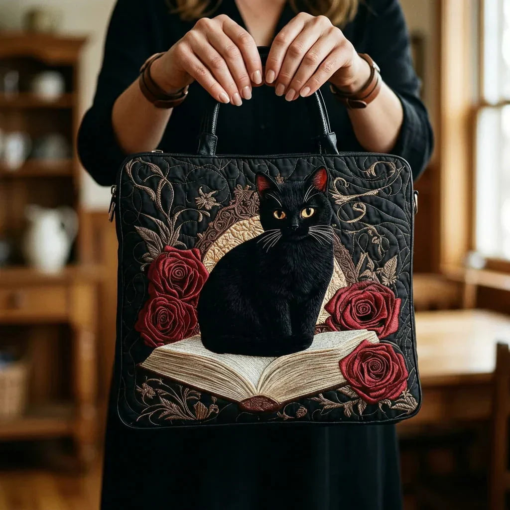 Handgefertigte gesteppte Tasche - Schwarze Katze auf Büchern