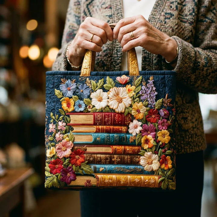 Handgefertigte Tasche - Blumenmuster und Bücher