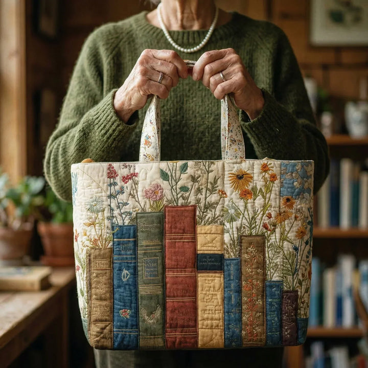 Handgefertigte Steppentasche - Bücher und Blumen