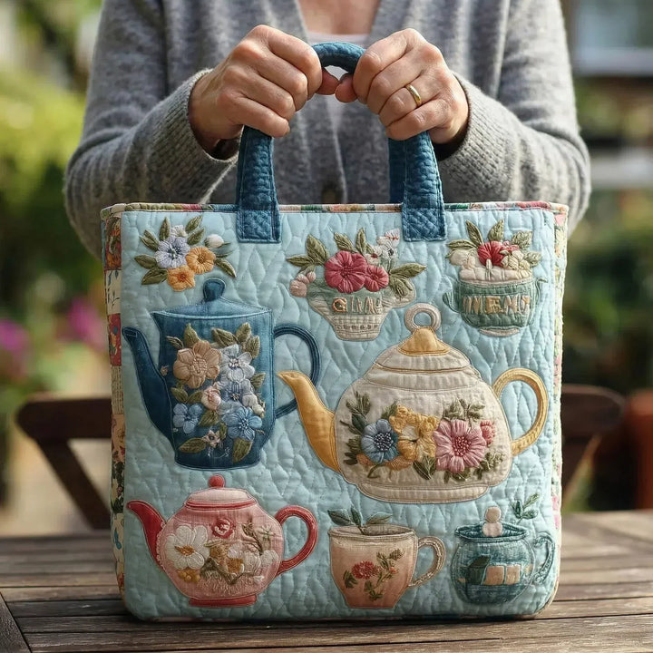 Bestickte Vintage-Tasche „Teekännchen in Blumen" — Tee