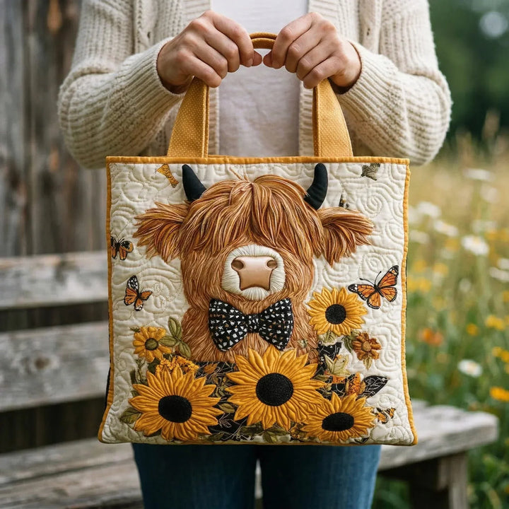 Gepolsterte Tasche - Highland Cow mit Sonnenblumen