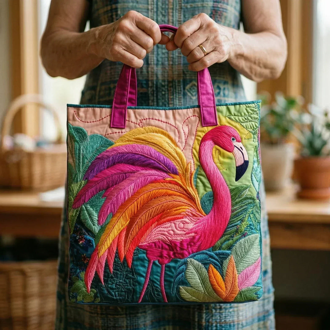 Bestickte Vintage-Tasche „Tropischer Flamingo“ — Koralle
